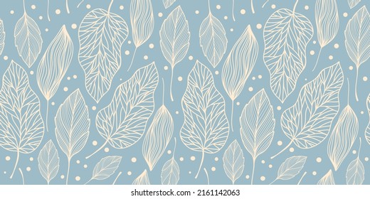 Winter liniar botanical pattern. Christmas outline illustration with different leaves on blue background