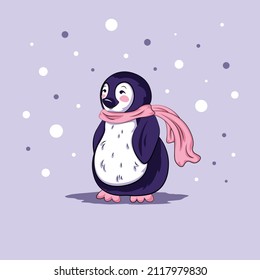 Winter little arctic penguin kid with pink scarf. Natural vector illustration in simple flat style. Hand-drawn wild animalistic childish character under snowfall on blue or purple background.