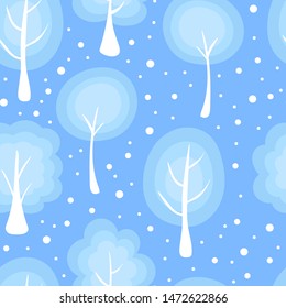 Winter little blue trees repeating vector pattern on a snowflake blue background