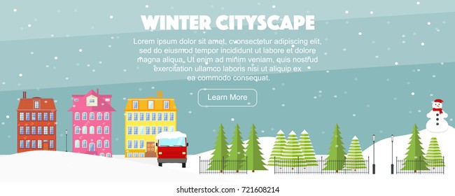 Winter little cute town, flat vector illustration. Colorful small houses in row, fir trees park, fence, lanterns, snowman and red truck, front view. Cityscape banner, graphic design elements.