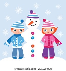 Winter. Little girl and boy with a snowman in the park. Vector illustration.