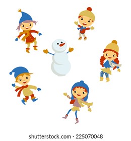 Winter Little girl sculpts snowman, Christmas boy snow  children vector set