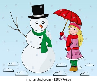 Winter. A little girl talked to the snowman. Winter Holidays - Vector