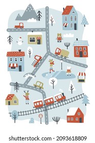 Winter little town doodle map with animals, cars, train,tree, mountain. Cartoon city view. Snow day village.