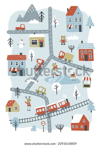 Winter little town\
doodle map with animals, cars, train,tree, mountain. Cartoon city\
view. Snow day village.