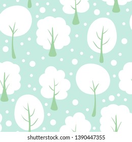 Winter little white trees repeating vector pattern on a swonflake blue background