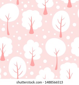Winter little white trees repeating vector pattern on a snowflake pink background