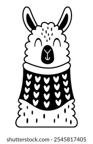 Winter llama clipart. Black and white animal doodle. Cute seasonal character. Hand draw vector illustration in flat style