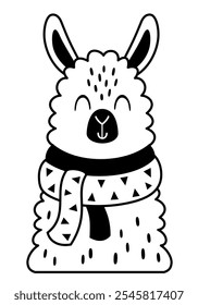 Winter llama clipart. Black and white animal doodle. Cute seasonal character. Hand draw vector illustration in flat style