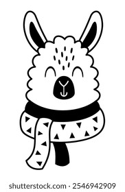 Winter llama clipart. Black and white animal doodle. Cute seasonal character. Hand draw vector illustration in flat style