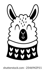 Winter llama clipart. Black and white animal doodle. Cute seasonal character. Hand draw vector illustration in flat style