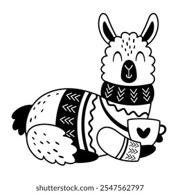 Winter llama clipart. Black and white llama doodle. Cute festive character. Hand draw vector illustration in flat style