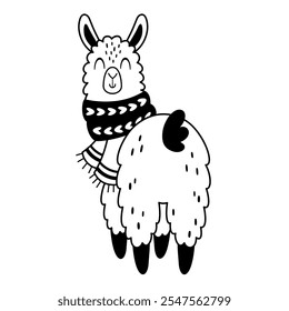 Winter llama clipart. Black and white llama doodle. Cute festive character. Hand draw vector illustration in flat style