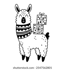 Winter llama clipart. Black and white llama doodle. Cute festive character. Hand draw vector illustration in flat style