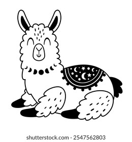 Winter llama clipart. Black and white llama doodle. Cute festive character. Hand draw vector illustration in flat style