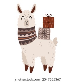 Winter llama clipart. Holiday llama clip art. Boho animal, cute festive character. Hand draw vector illustration in flat style