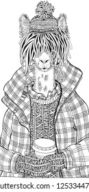 Winter llama and coffee. Adult Coloring book page. Hand-drawn vector illustration.  Zentangle. Coloring book page for adult and children.