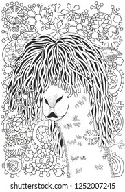 Winter llama. Coloring Book page for Adult and children in doodle style. A4 size. Black and white  background. Hand-drawn christmas lama.