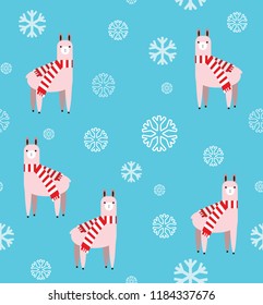 Winter llama pattern. Cute llama in cartoon flat style. Beautiful Christmas llama on blue background with falling snowflakes. Vector illustration