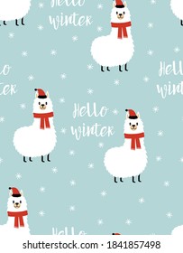 winter llama pattern, cute llama in cartoon flat style, beautiful christmas llama and lettering hello winter on blue background with falling snowflakes, vector illustration