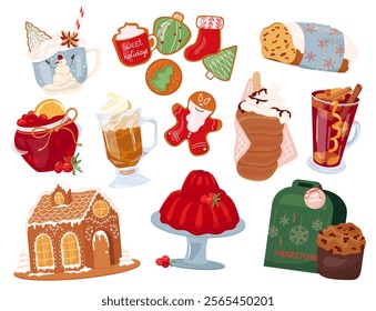 Winter local sweet delicious. Christmas gingerbread house and cookies. Stollen and panettone traditional cake Cranberry confiture in glass jar. Glass of aromatic mulled wine with fruit Trdelnik Vector