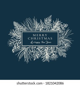 Winter Logo With Conifers And Greens. New Year Illustration. Vector Holiday Card. Classic Blue Background And White Greeting.