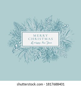 Logo invernal con ramas de abeto y pino, helecho y hojas. Ilustración del año nuevo. Tarjeta de vacaciones vectorial. Fondo azul claro y saludo blanco.