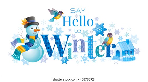 Winter logo. Snowman winrty vector illustration. Christmas, new year holiday greeting card. Abstract design template. Ice house, tit bird, snowflakes. Seasonal text lettering. Elegant modern elements.