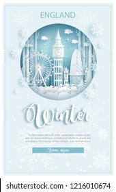 Winter in London, England for travel and tour advertising concept with world famous landmark in paper cut style vector illustration.