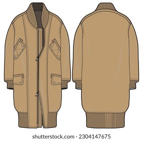 Winter Long Coat Jacket  Front and Back View. Fashion Illustration, Vector, CAD, Technical Drawing, Flat Drawing, Template, Mockup.