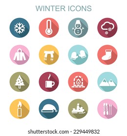 winter long shadow icons, flat vector symbols