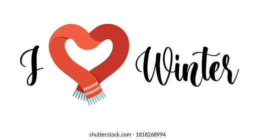 Winter love. I love winter card, sticker, icon with lettering and flat vector icon, isolated on white. Concept Christmas vector design