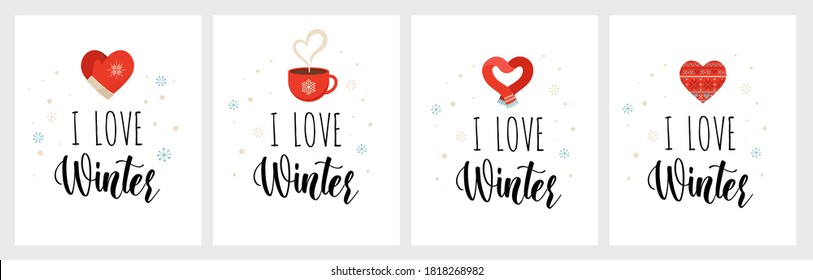 Winter love. I love winter cards, stickers, icons with lettering and flat vector icon, isolated on white. Concept Christmas vector design