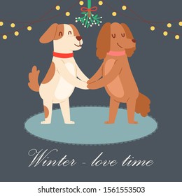 Winter love concept vector illustration. Cute cartoon pair of dogs holding hands under mistletoe wreath. Loving couple spending time outdoors on vacation. Winter holidays card design.