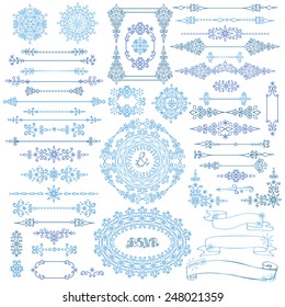 Winter love decor set on Chalkboard.Swirl Border,Snowflakes, frame,dividers,arrows.Christmas,Valentines day,new year,wedding doodles vector.For card,invitations,template