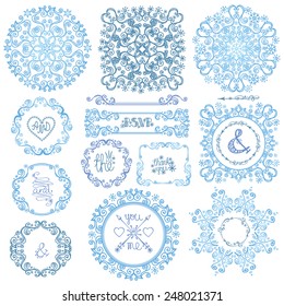 Winter love decor set on Chalkboard.Swirl Frame,wreath,mandala,Snowflakes, arrows.Christmas,Valentines day,new year,wedding doodles vector.For card,invitations,template