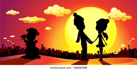 winter love - lovers silhouette in sunset vector illustration