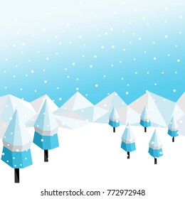 Winter low poly background with polygonal firs trees. Landscape season, frost outdoor snowfall, vector illustration.
