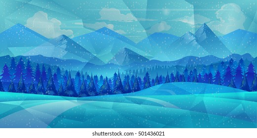 Winter low poly background with road and polygonal firs trees. Landscape season, frost outdoor snowfall, vector illustration