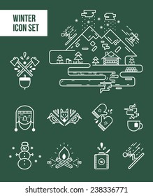 winter and lumberjack icon sets. modern hipster outline icons