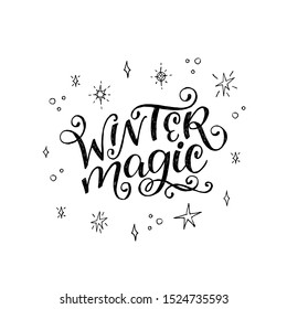 Winter Magic flourish script with sketchy shining stars and snow. Hand drawn Christmas lettering with decorative curves for greeting card, party invitation, season banner. Curly handwriting. Vector