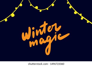 Winter magic hand drawn vector illustration in cartoon style light bulbs garland in darkness christmas new year