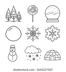 Winter magic scenes with igloo peppermint swirl tree snow covered trees snow globe snowball snowflake snowflake cookie snowman and snowstorm Vector line art on white background.