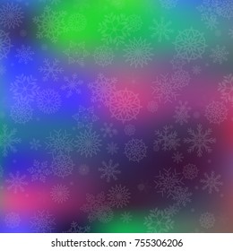 Winter magical festive template with silver fallen snowflakes on vibrant defocused bokeh background. Christmas or new year wallpaper. Vector illustration with space for text.