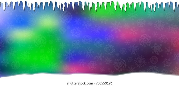 Winter magical festive template with silver fallen snowflakes, icicles and snowdrift on vibrant defocused bokeh background. Christmas or new year wallpaper. Vector illustration with copy space.