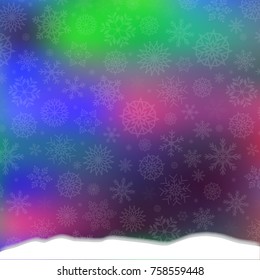 Winter magical festive template with silver fallen snowflakes, and snowdrift on vibrant defocused bokeh background. Christmas or new year wallpaper. Vector illustration with  space for text.