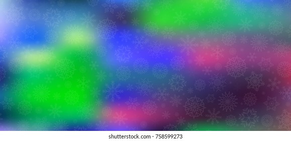 Winter magical festive template with silver fallen snowflakes, on colored defocused bokeh background. Christmas or new year wallpaper. Vector illustration with copy space.