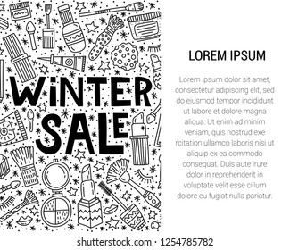 Winter make up sale vector doodle  illustration. Place for your text