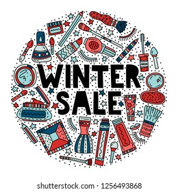 Winter make up sale vector doodle  illustration