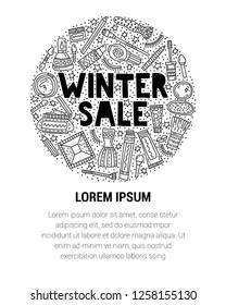Winter make up sale vector doodle  illustration. Place for your text